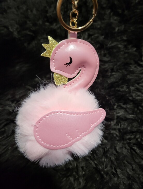 Accessories - Pink Swan Pom-Pom Keychain with Gold Crown - Kids Accessories